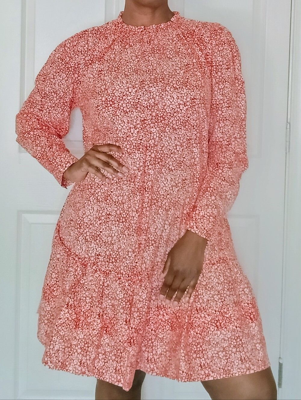 Universal Thread Coral Pink Floral Long-Sleeve Tiered Dress
